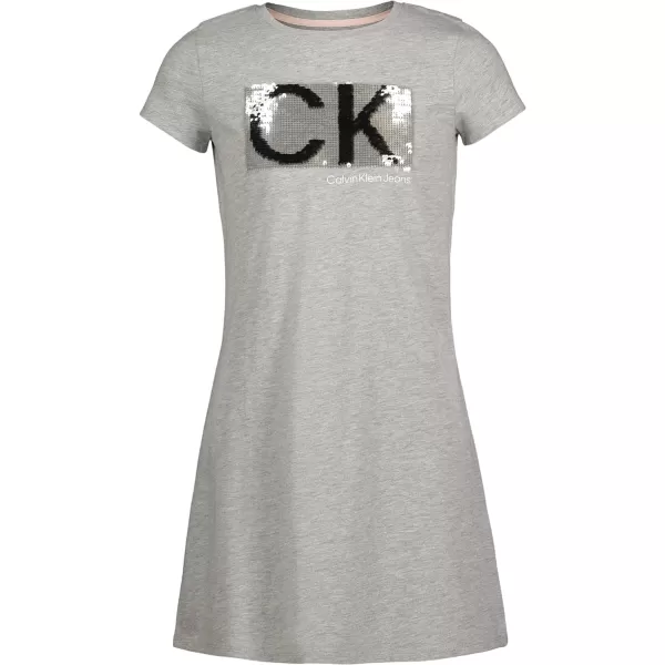 Calvin Klein Girls Short Sleeve TShirt Dress Pullover Style with CrewNeck Neckline Logo DetailingLight Grey Sequins