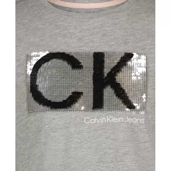 Calvin Klein Girls Short Sleeve TShirt Dress Pullover Style with CrewNeck Neckline Logo DetailingLight Grey Sequins