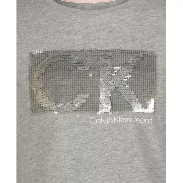 Calvin Klein Girls Short Sleeve TShirt Dress Pullover Style with CrewNeck Neckline Logo DetailingLight Grey Sequins