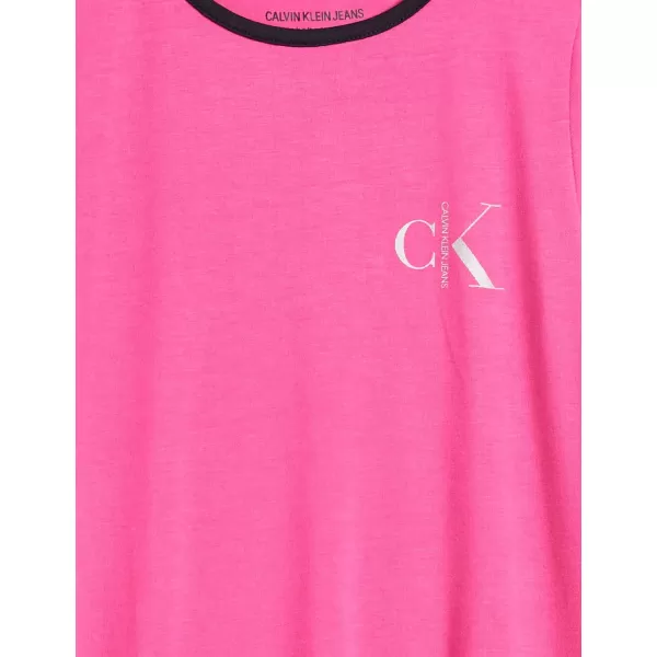 Calvin Klein Girls Short Sleeve TShirt Dress Pullover Style with CrewNeck Neckline Logo DetailingPink Pop Ringer