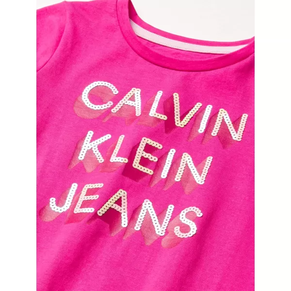 Calvin Klein Girls Short Sleeve TShirt Dress Pullover Style with CrewNeck Neckline Logo DetailingPink Poppy Logo