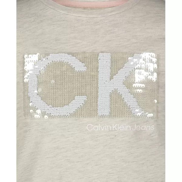 Calvin Klein Girls Short Sleeve TShirt Dress Pullover Style with CrewNeck Neckline Logo DetailingPutty Beige Sequins