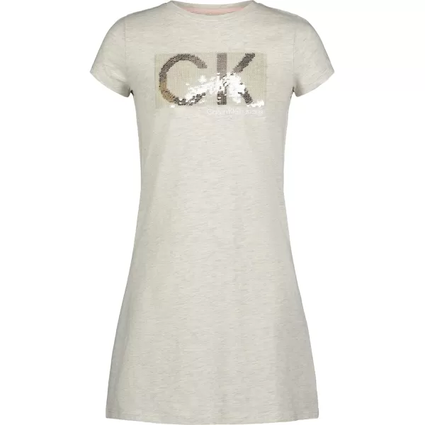 Calvin Klein Girls Short Sleeve TShirt Dress Pullover Style with CrewNeck Neckline Logo DetailingPutty Beige Sequins