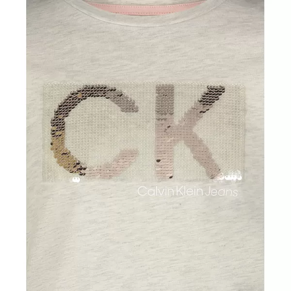 Calvin Klein Girls Short Sleeve TShirt Dress Pullover Style with CrewNeck Neckline Logo DetailingPutty Beige Sequins