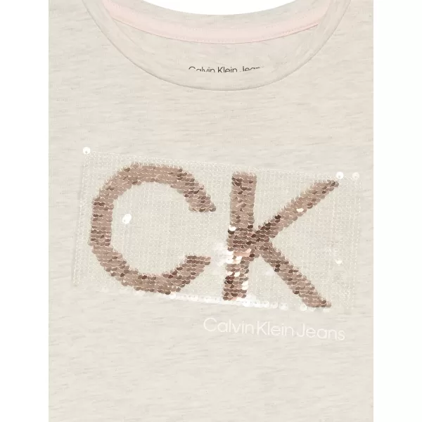 Calvin Klein Girls Short Sleeve TShirt Dress Pullover Style with CrewNeck Neckline Logo DetailingPutty Beige Sequins