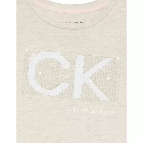 Calvin Klein Girls Short Sleeve TShirt Dress Pullover Style with CrewNeck Neckline Logo DetailingPutty Beige Sequins