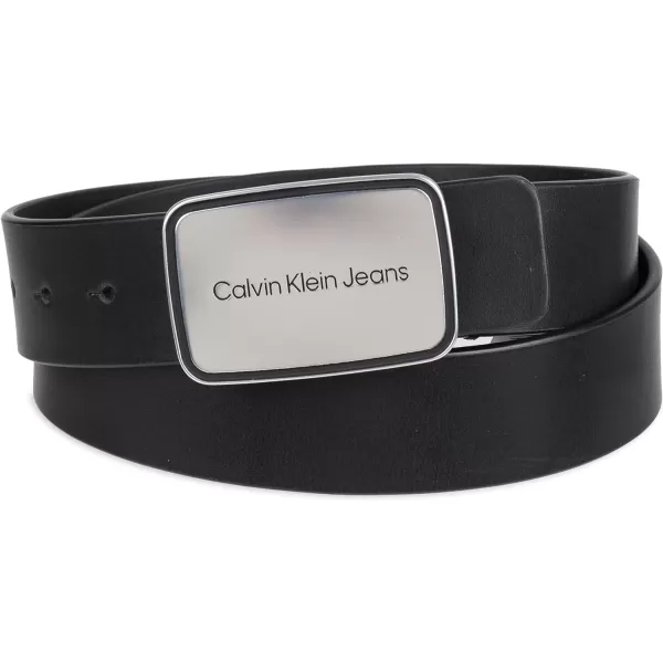 Calvin Klein Mens Casual Statement Plaque Buckle Belt with Logo TreatmentBlack Plaque