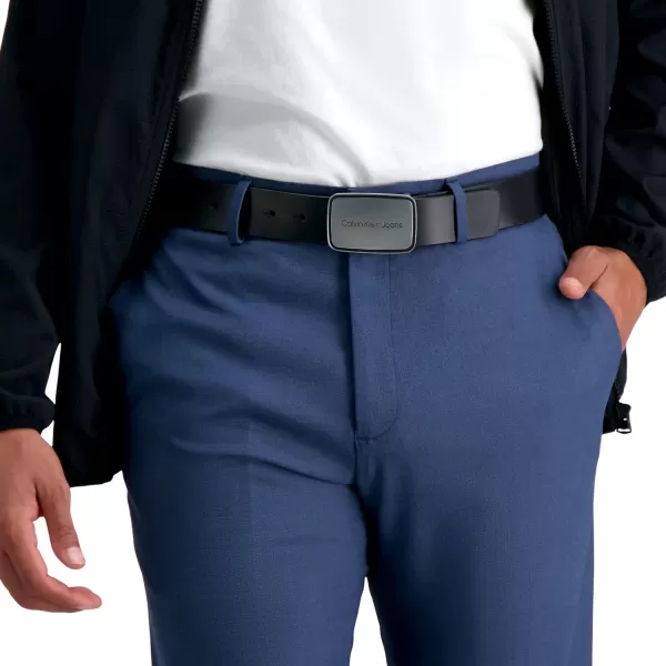 Calvin Klein Mens Casual Statement Plaque Buckle Belt with Logo TreatmentBlack Plaque