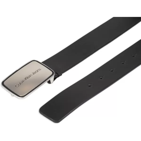 Calvin Klein Mens Casual Statement Plaque Buckle Belt with Logo TreatmentBlack Plaque