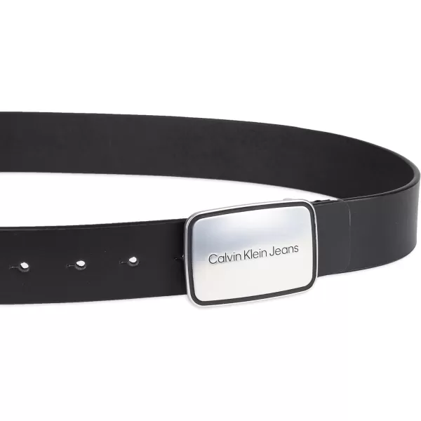 Calvin Klein Mens Casual Statement Plaque Buckle Belt with Logo TreatmentBlack Plaque