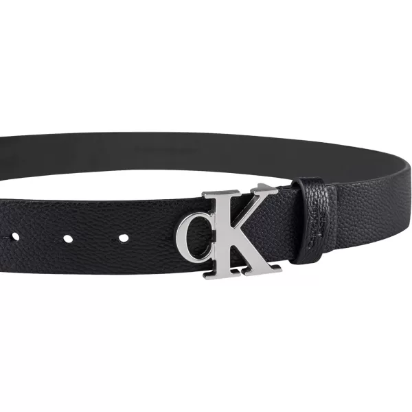 Calvin Klein Mens Casual Statement Plaque Buckle Belt with Logo TreatmentBlackSilver
