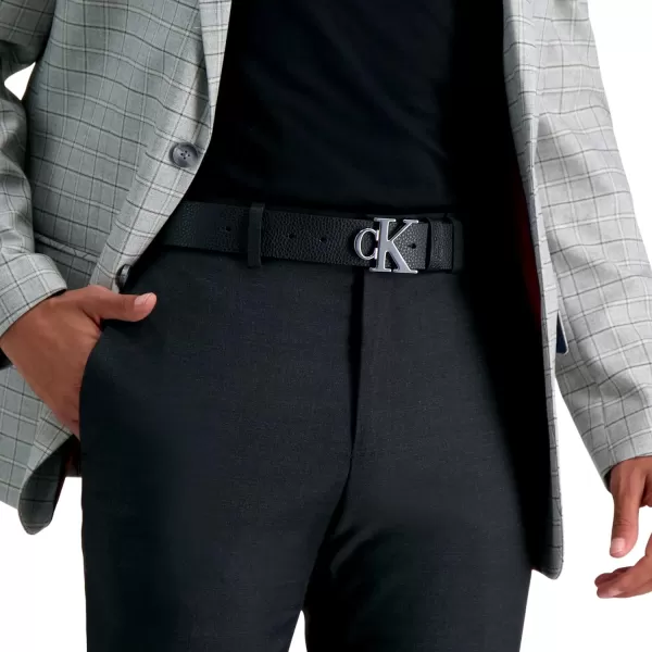 Calvin Klein Mens Casual Statement Plaque Buckle Belt with Logo TreatmentBlackSilver