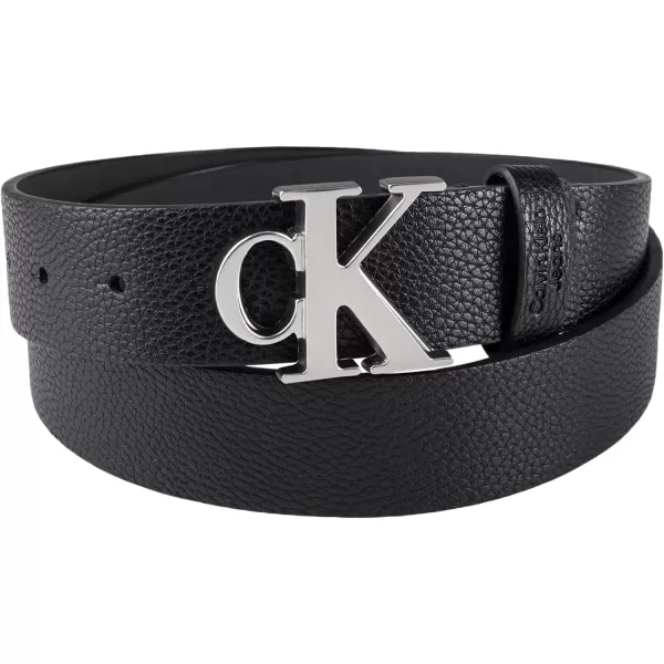Calvin Klein Mens Casual Statement Plaque Buckle Belt with Logo TreatmentBlackSilver