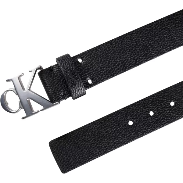 Calvin Klein Mens Casual Statement Plaque Buckle Belt with Logo TreatmentBlackSilver
