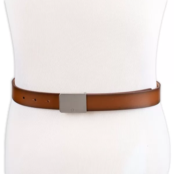 Calvin Klein Mens Casual Statement Plaque Buckle Belt with Logo TreatmentCognac Plaque