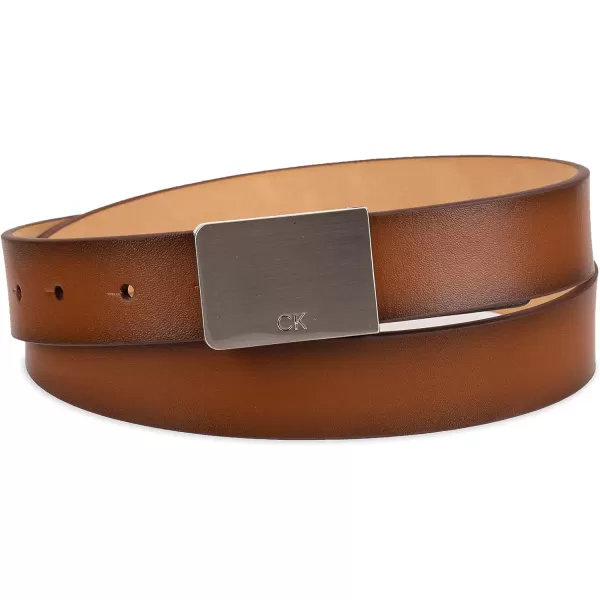 Calvin Klein Mens Casual Statement Plaque Buckle Belt with Logo TreatmentCognac Plaque