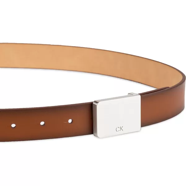 Calvin Klein Mens Casual Statement Plaque Buckle Belt with Logo TreatmentCognac Plaque