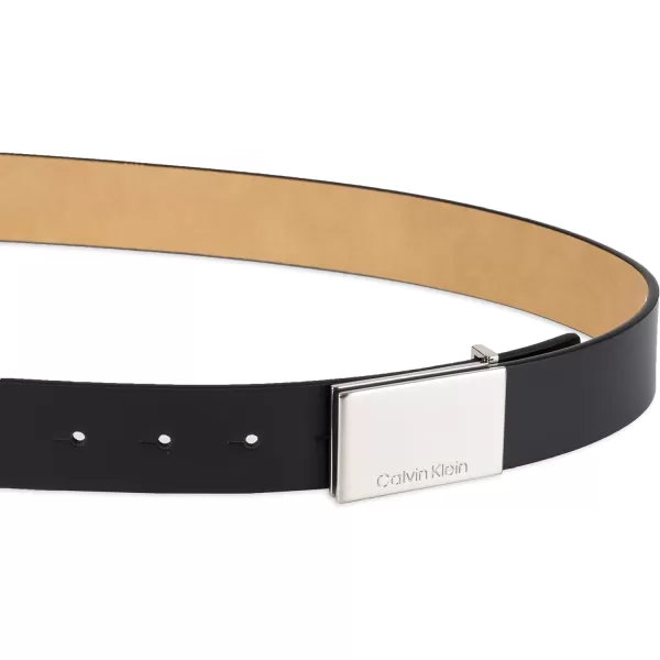 Calvin Klein Mens Casual Statement Plaque Buckle Belt with Logo TreatmentDark Black