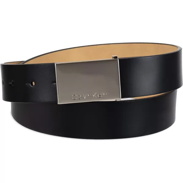 Calvin Klein Mens Casual Statement Plaque Buckle Belt with Logo TreatmentDark Black