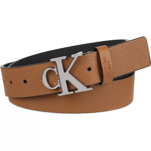Calvin Klein Mens Casual Statement Plaque Buckle Belt with Logo TreatmentTan