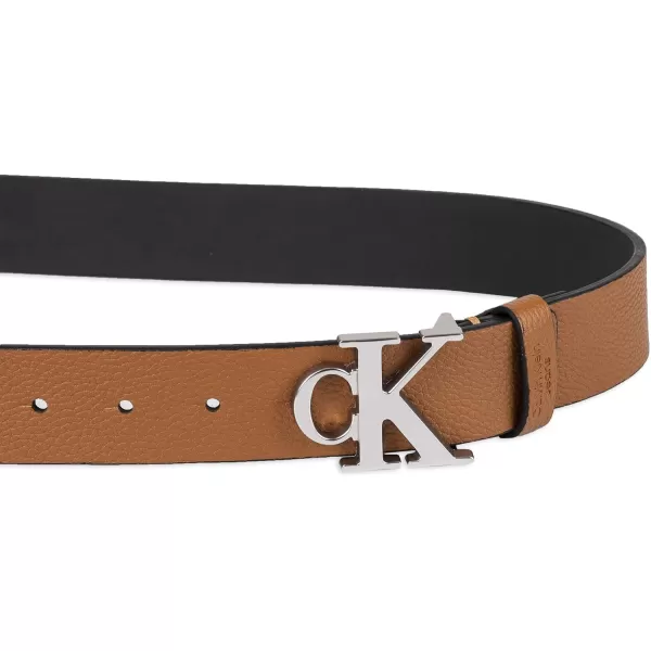 Calvin Klein Mens Casual Statement Plaque Buckle Belt with Logo TreatmentTan