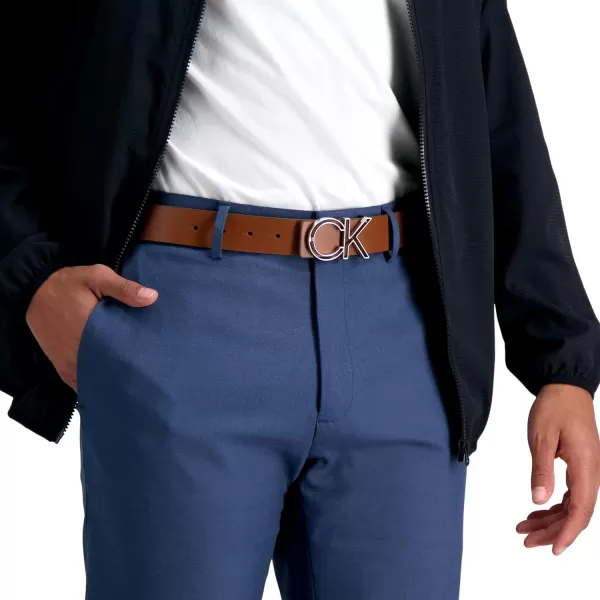 Calvin Klein Mens Casual Statement Plaque Buckle Belt with Logo TreatmentTan Plaque