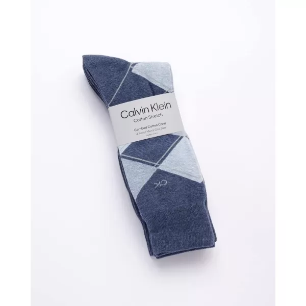 Calvin Klein Mens Dress Socks  Cotton Blend Crew Socks Patterns and Solids 4 PackBlue Argyle