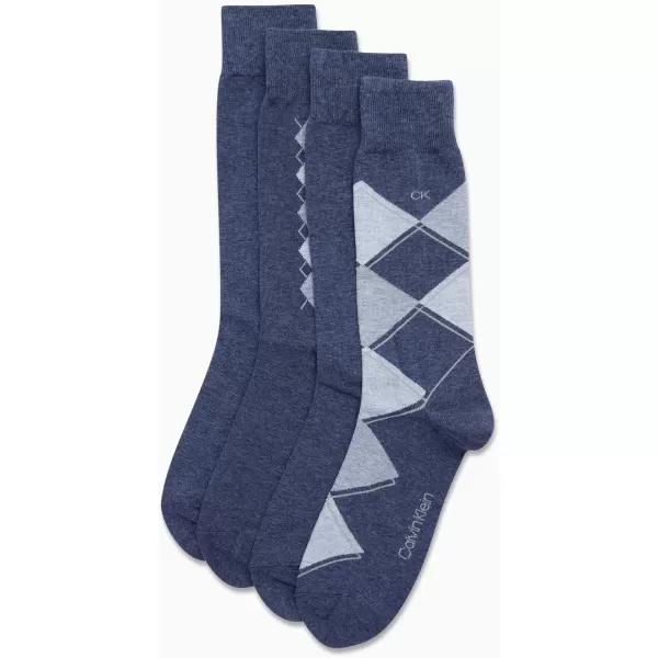 Calvin Klein Mens Dress Socks  Cotton Blend Crew Socks Patterns and Solids 4 PackBlue Argyle