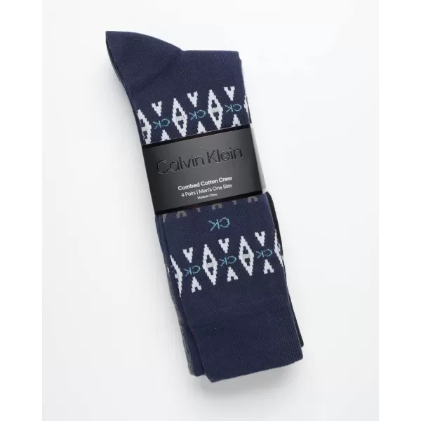 Calvin Klein Mens Dress Socks  Cotton Blend Crew Striped Socks 4 PackBlue Diamond