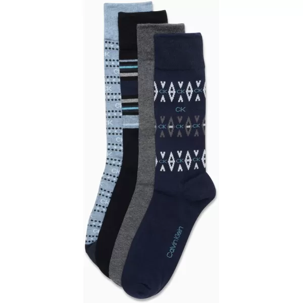 Calvin Klein Mens Dress Socks  Cotton Blend Crew Striped Socks 4 PackBlue Diamond