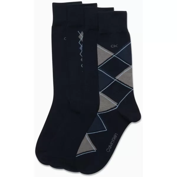 Calvin Klein Mens Dress Socks  Cotton Blend Crew Striped Socks 4 PackNavy Argyle