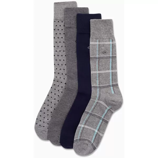 Calvin Klein Mens Dress Socks  Lightweight Cotton Blend Crew Socks 4 PackGrey Plaid