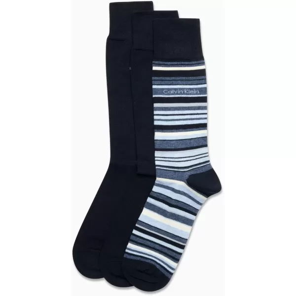 Calvin Klein Mens Dress Socks  NonBinding Cotton Crew Socks 3 PackStripeNavyNavy