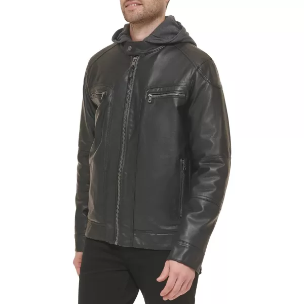 Calvin Klein Mens Faux Lamb Leather Moto Jacket with Removable Hood and BibBlack