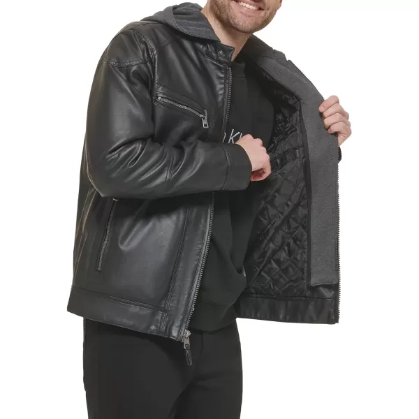 Calvin Klein Mens Faux Lamb Leather Moto Jacket with Removable Hood and BibBlack