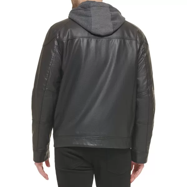 Calvin Klein Mens Faux Lamb Leather Moto Jacket with Removable Hood and BibBlack