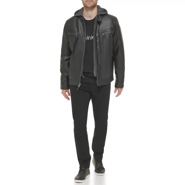 Calvin Klein Mens Faux Lamb Leather Moto Jacket with Removable Hood and BibBlack