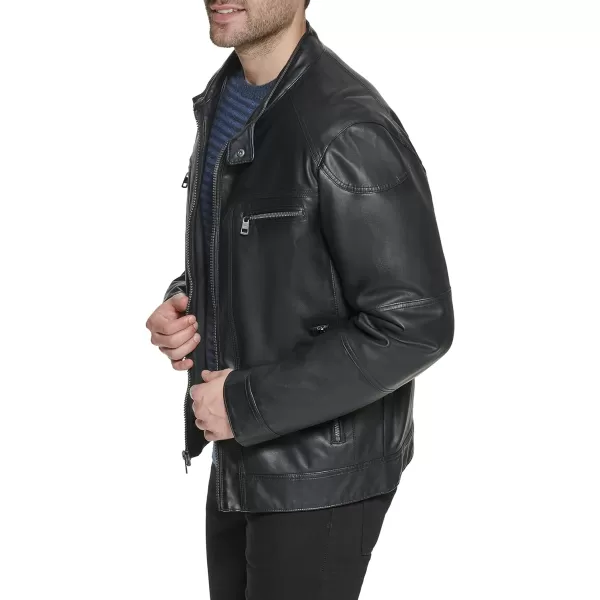 Calvin Klein Mens Faux Lamb Leather Moto Jacket with Removable Hood and BibBlack