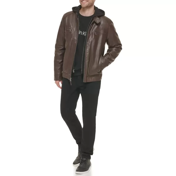 Calvin Klein Mens Faux Lamb Leather Moto Jacket with Removable Hood and BibBrown