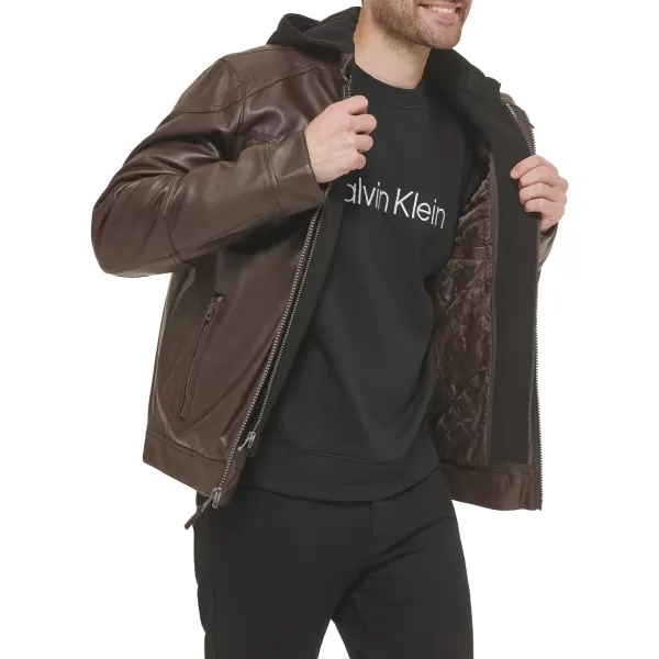 Calvin Klein Mens Faux Lamb Leather Moto Jacket with Removable Hood and BibBrown