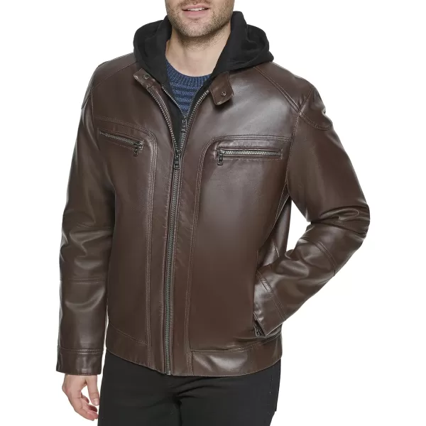 Calvin Klein Mens Faux Lamb Leather Moto Jacket with Removable Hood and BibBrown