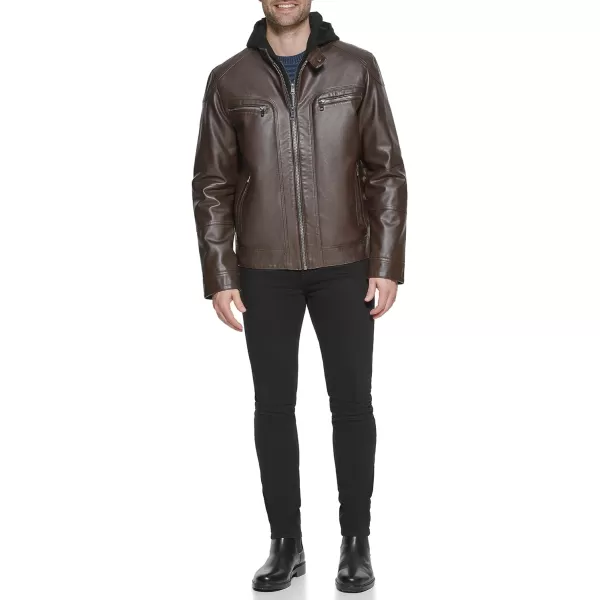 Calvin Klein Mens Faux Lamb Leather Moto Jacket with Removable Hood and BibBrown