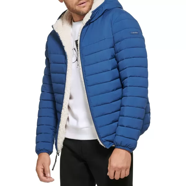 Calvin Klein Mens Hooded Down Jacket Quilted Coat Sherpa LinedBlue