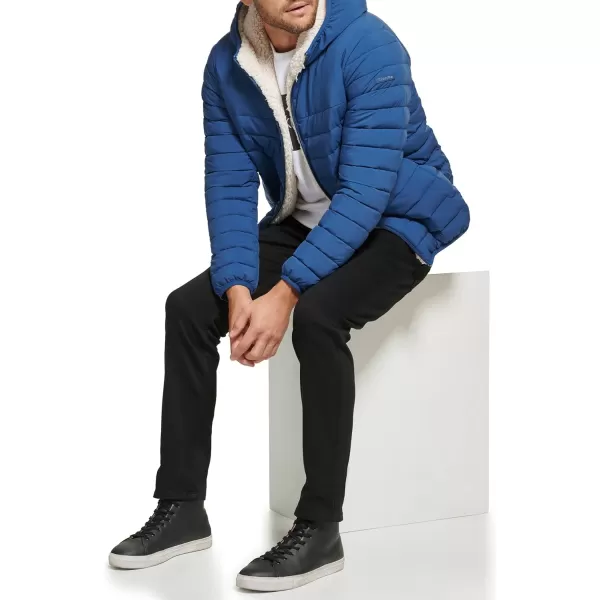 Calvin Klein Mens Hooded Down Jacket Quilted Coat Sherpa LinedBlue