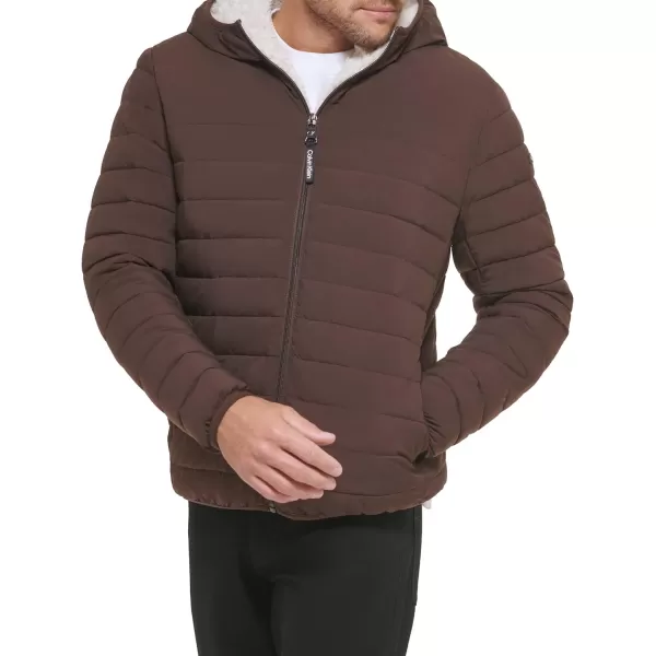 Calvin Klein Mens Hooded Down Jacket Quilted Coat Sherpa LinedBrown Camel