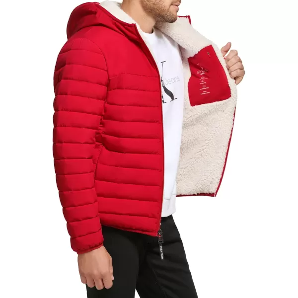 Calvin Klein Mens Hooded Down Jacket Quilted Coat Sherpa LinedDeep Red