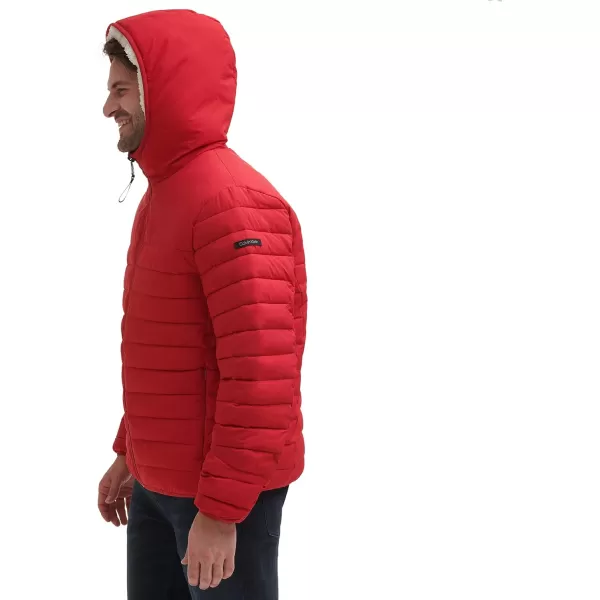 Calvin Klein Mens Hooded Down Jacket Quilted Coat Sherpa LinedDeep Red