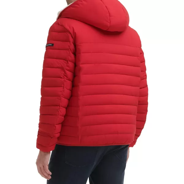 Calvin Klein Mens Hooded Down Jacket Quilted Coat Sherpa LinedDeep Red