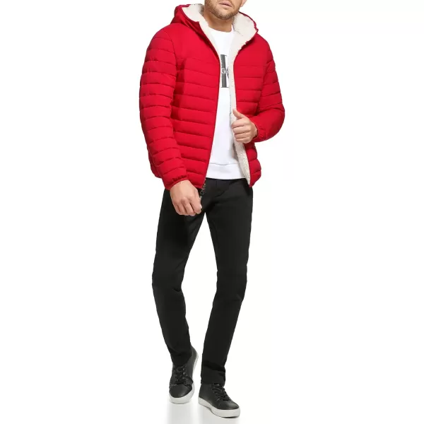 Calvin Klein Mens Hooded Down Jacket Quilted Coat Sherpa LinedDeep Red