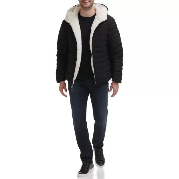 Calvin Klein Mens Hooded Down Jacket Quilted Coat Sherpa LinedEbony